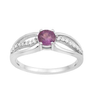 Solitaire 5MM Round Amethyst 925 Sterling Silver Side Accents Women Ring Sz.7